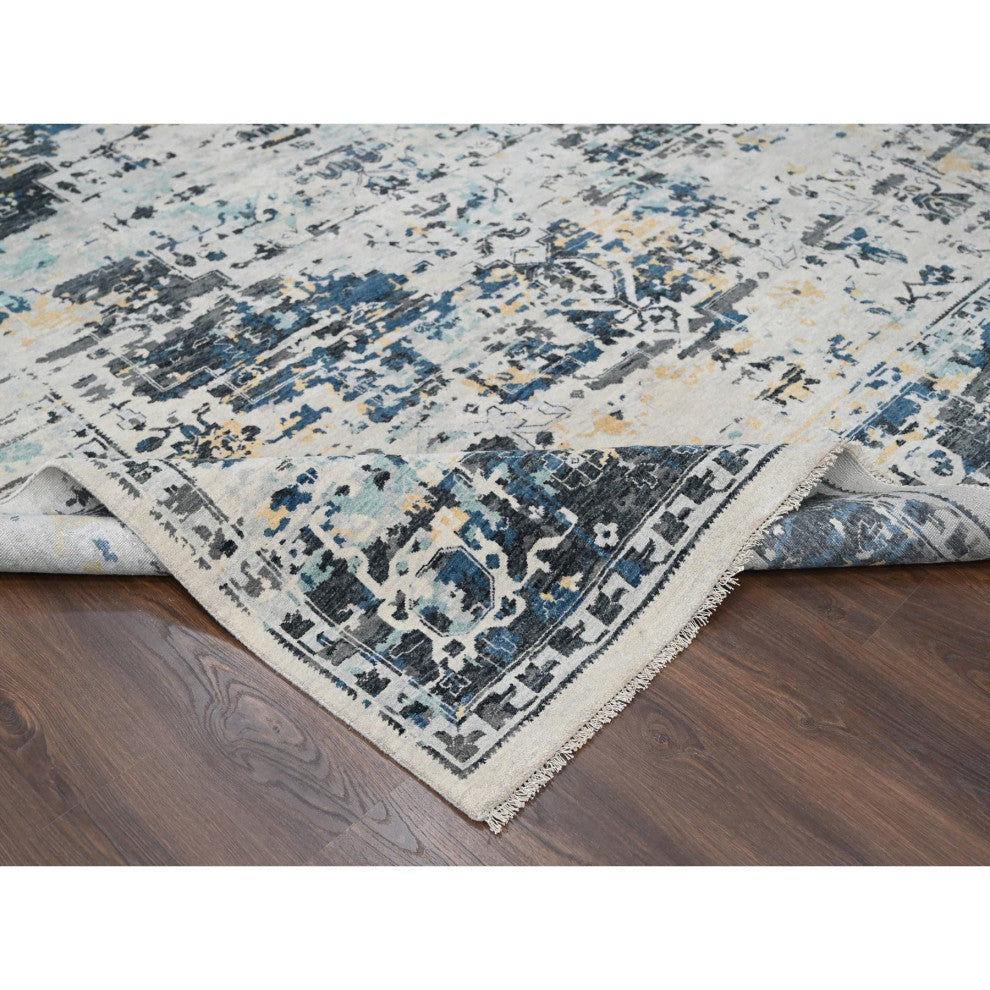 Ivory and Blue Hand Knotted Soft Wool Persian Design Oriental Rug  8'10"x12'
