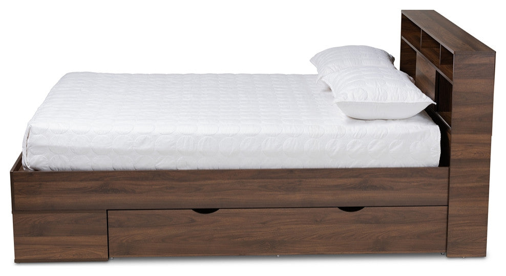 Walnut Brown Finished Wood 1-Drawer Queen Size Platform Storage Bed with Shelves