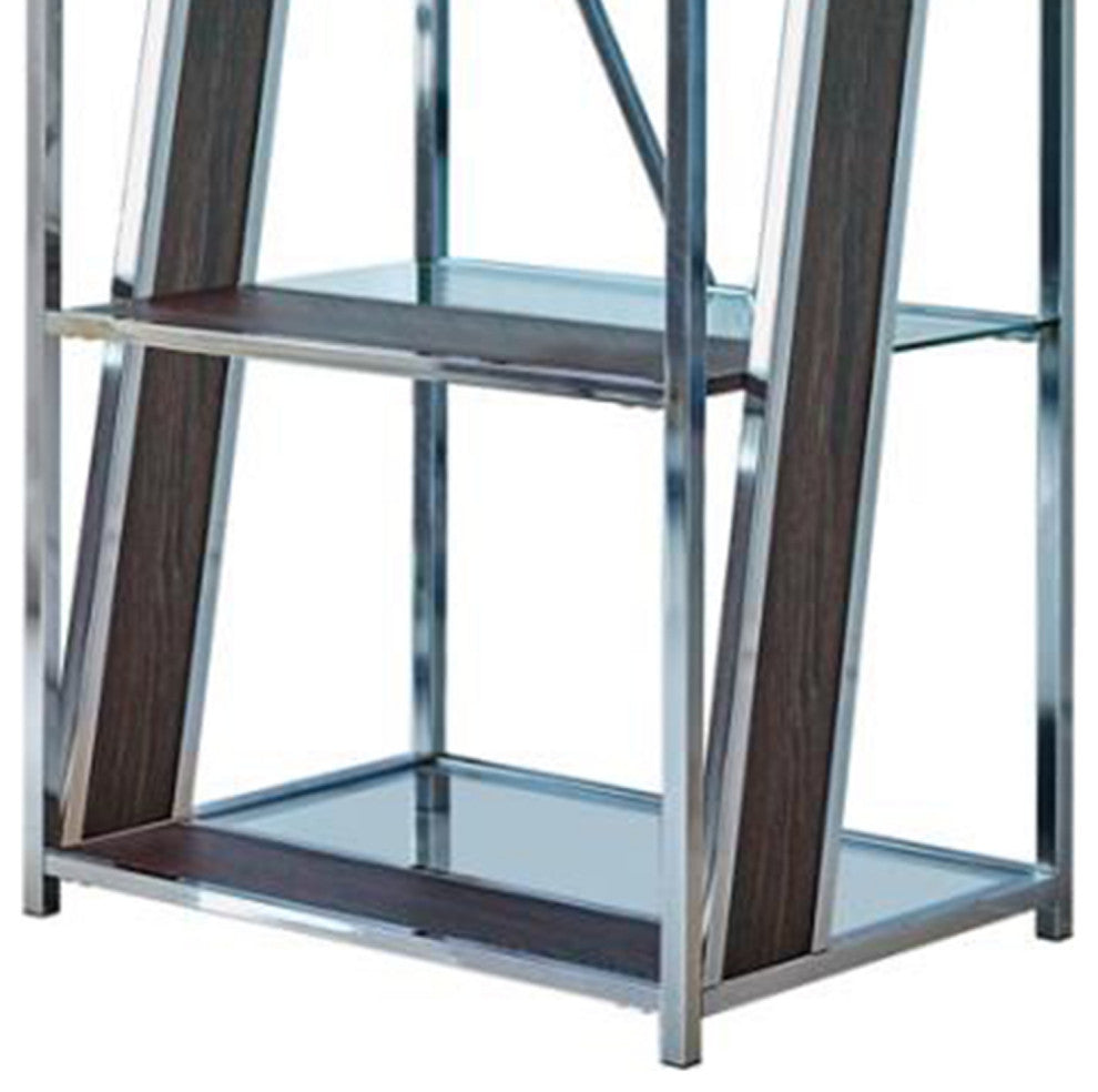Benzara BM229657 4 Tier Metal Bookcase With Glass and Wooden Shelf, Black/Chrome