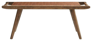 Modway Saoirse 17.5" Woven Leather & Wood Bench in Brown and Walnut