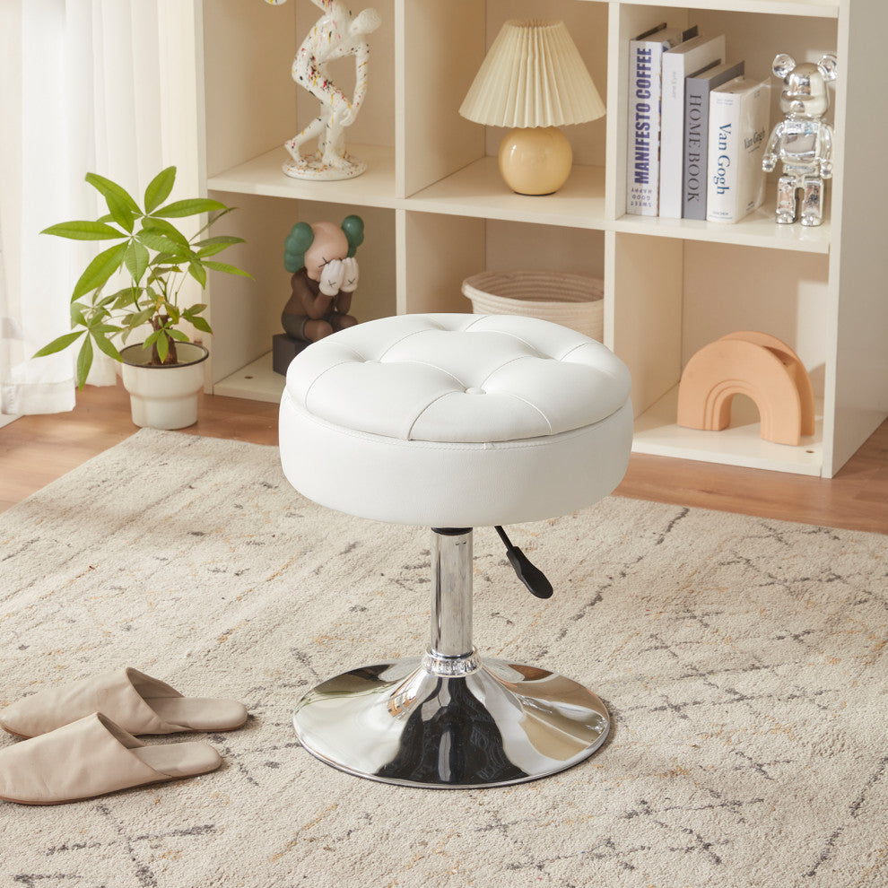 Storage Swivel PU Leather Vanity Stool, White With Removeable Tray