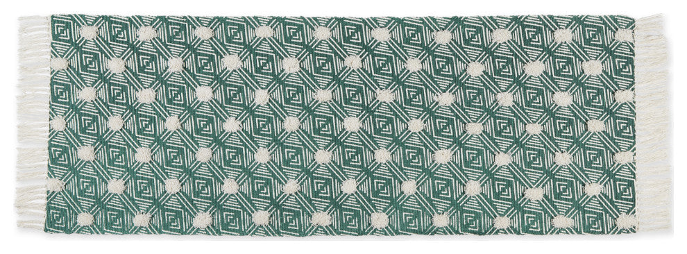 Teal Diamond Printed Off-White Hand-Loomed Shag Rug Runner 2Ft 3Inx6Ft