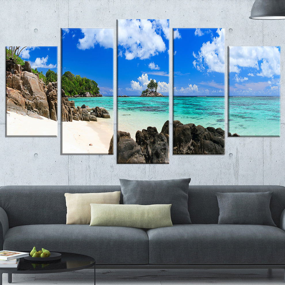 "Ideal Beach in Seychelles" Seascape Canvas Photo Print, 5 Panels, 60"x32"