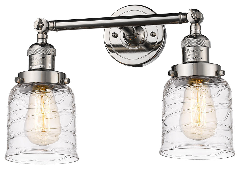 Small Bell 2 Light Bath Vanity Light, Polished Nickel, Deco Swirl