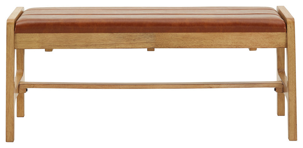 Roros Modern Scandinavian Light Oak Finish Caramel Faux Leather Cushion Bench