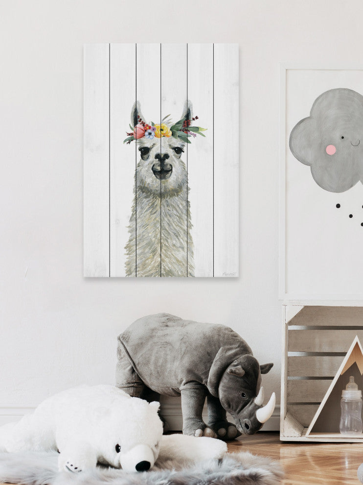 "Flower Crowned Llama" Painting Print on White Wood, 8x12