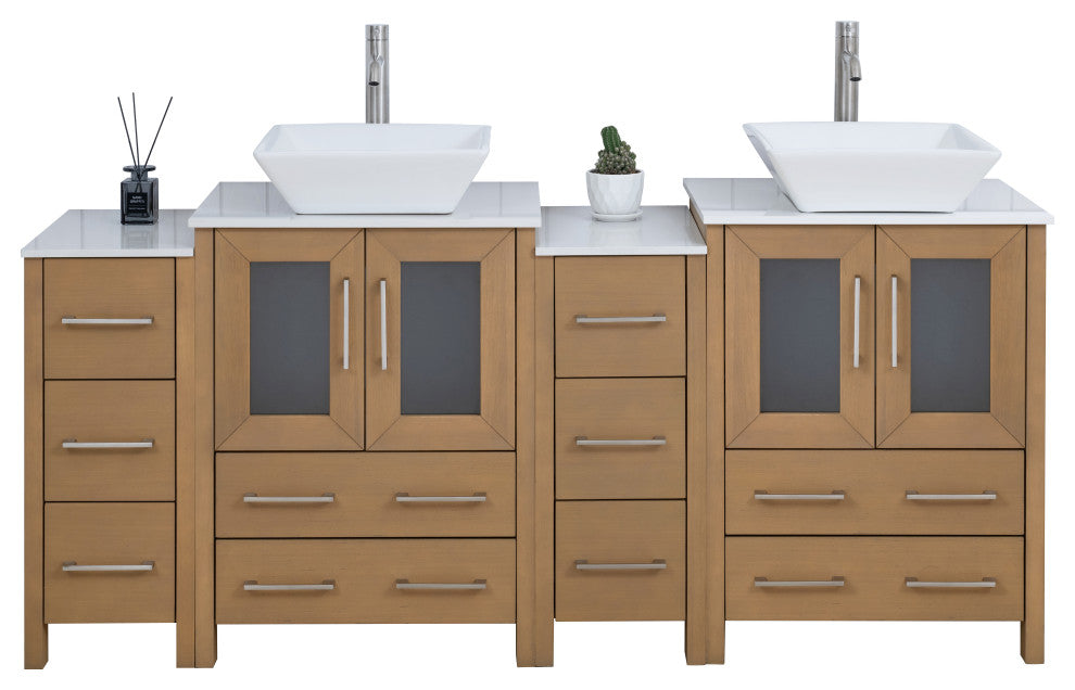 Vanity Art Bathroom Vanity Set With Sink, Natural Oak, 72", Standard Mirror