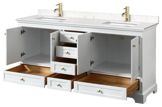 72"DBL Bath Vanity White, Carrara Cult. Marble Countertop, Sinks, Gold Trim