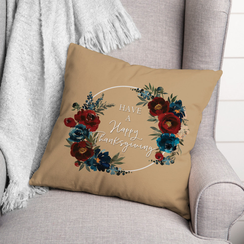 Happy Thanksgiving Floral Wreath 4 18"x18" Spun Poly Pillow