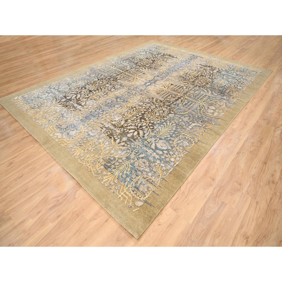 Honey Brown, Silk With Textured Wool, Hand Knotted, Oriental Rug, 9'2" x 12'0"