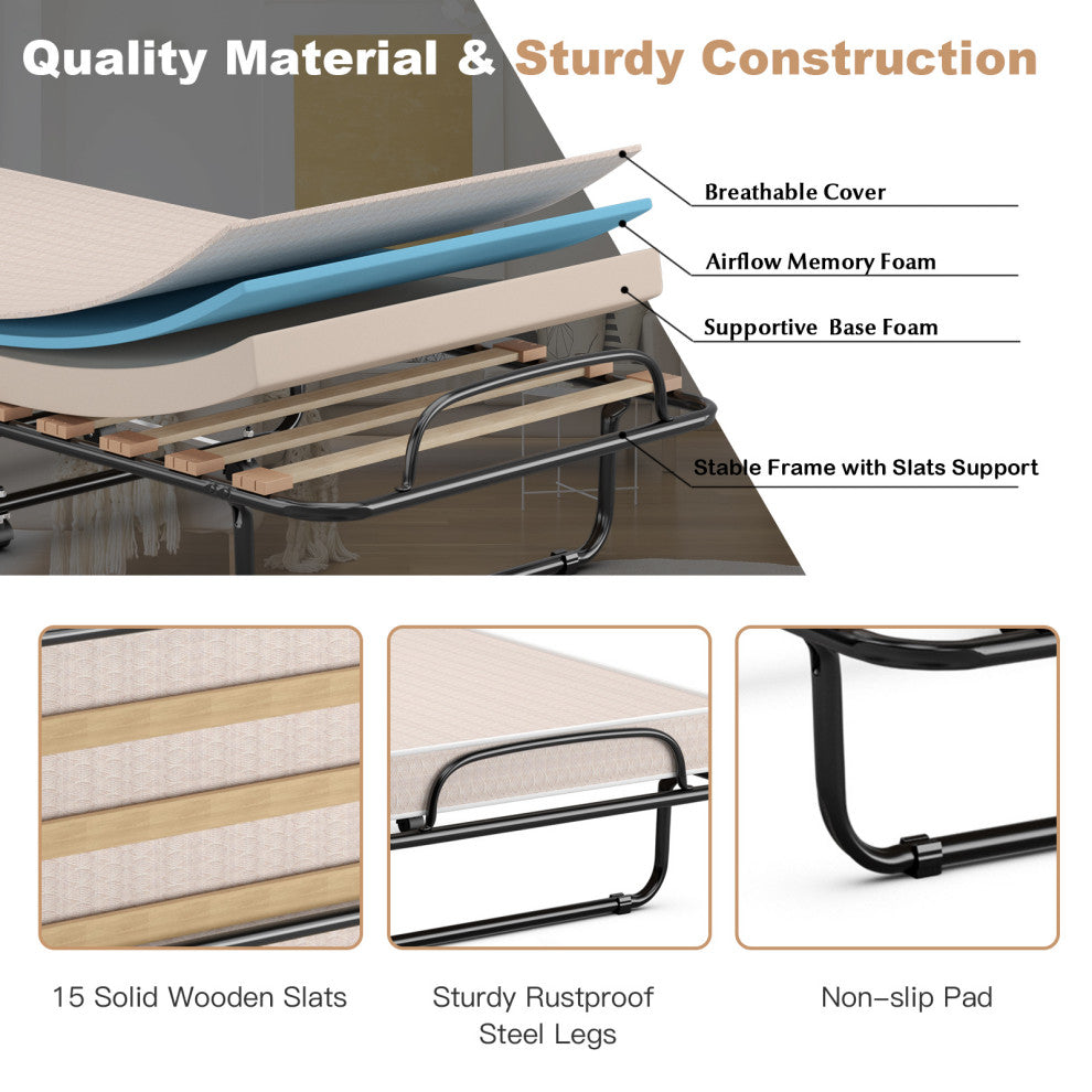 Costway Portable Folding Bed with Mattress Rollaway Cot Made In Italy Beige