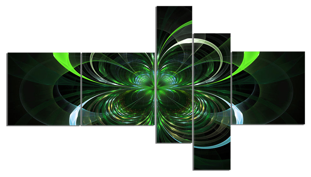 Green Fractal Flower in Dark, Green, Floral Art Canvas Print, 60"x32", 5 panels