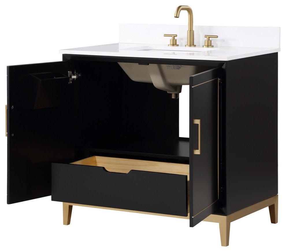 Gracie Bathroom Vanity, Midnight Black With White Quartz, 36"