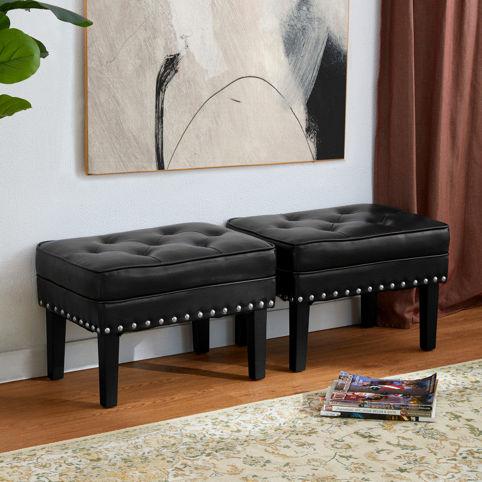 Set of 2 Leatherette Button-Tufted Accent Stool, Black