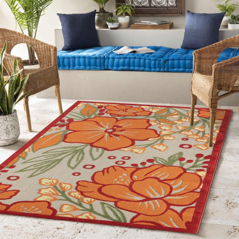 Mahalo Hibiscus Floral High-Low Indoor Outdoor Area Rug - 5' x 8'