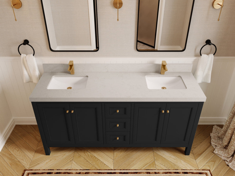 Nashville 72" Double Sink Bath Vanity, Black 2" Carrara Quartz