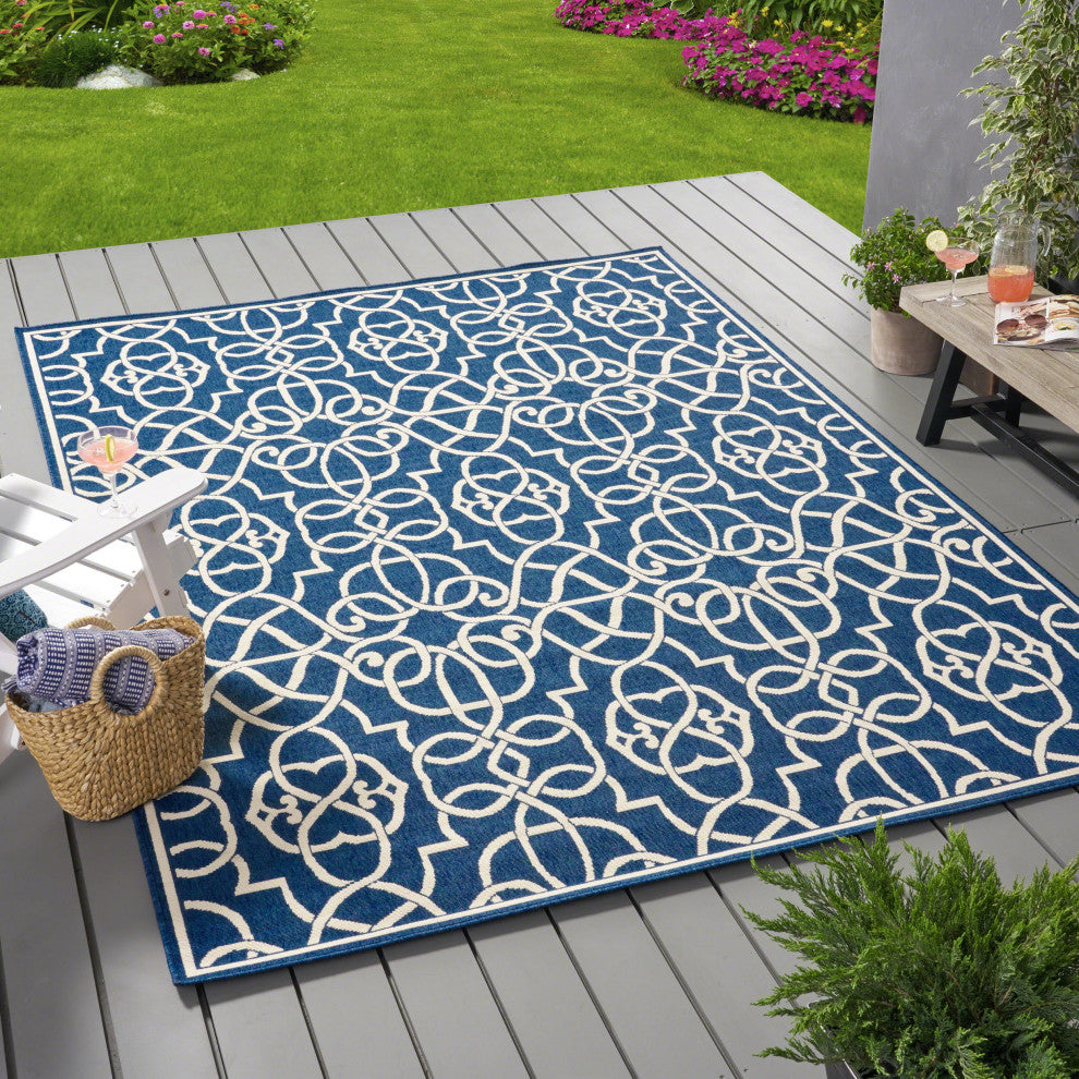 GDF Studio Alfonso Outdoor Geometric  Area Rug, Navy and Ivory, 8'x11'