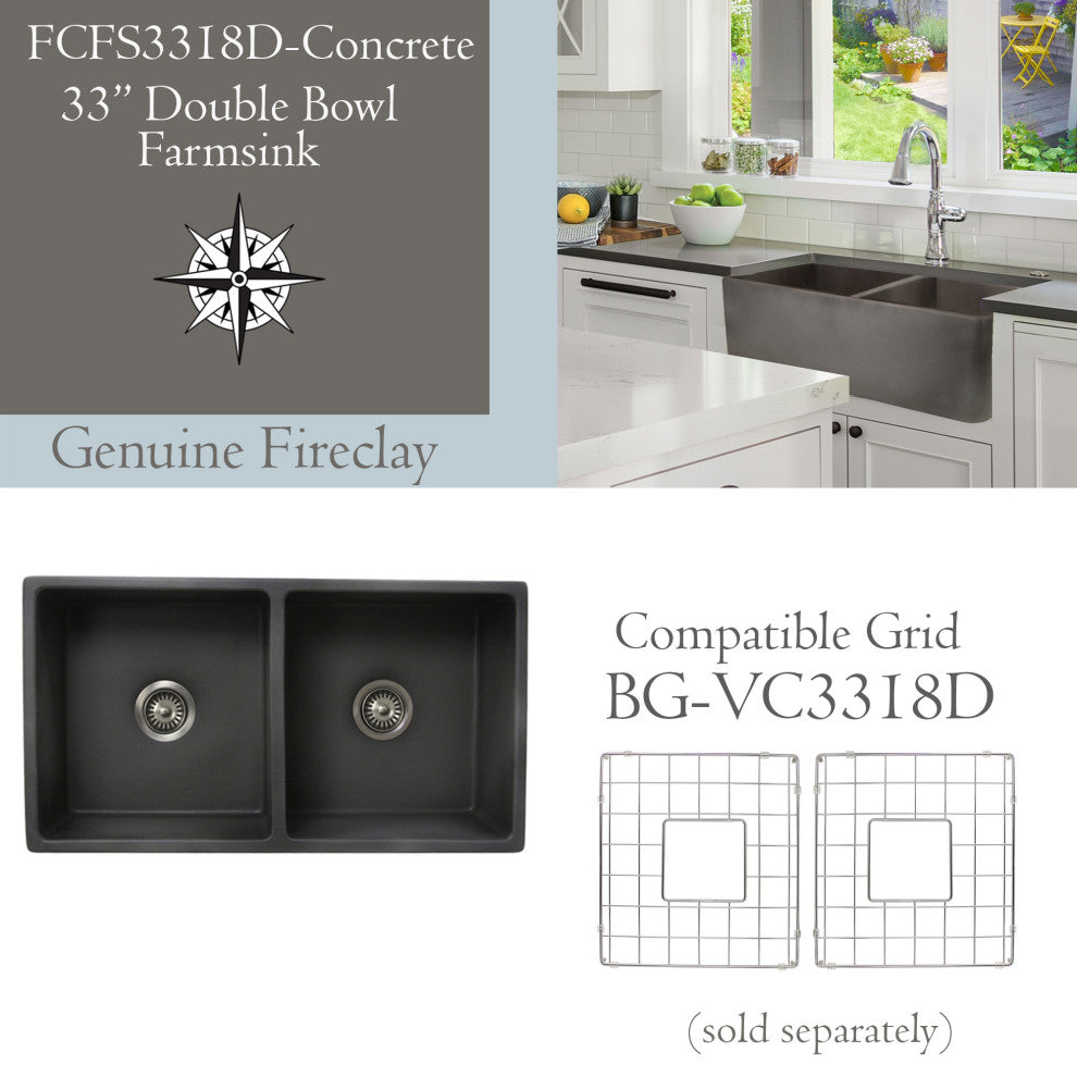 Nantucket Sinks Double Bowl Farmhouse Fireclay Sink, Concrete