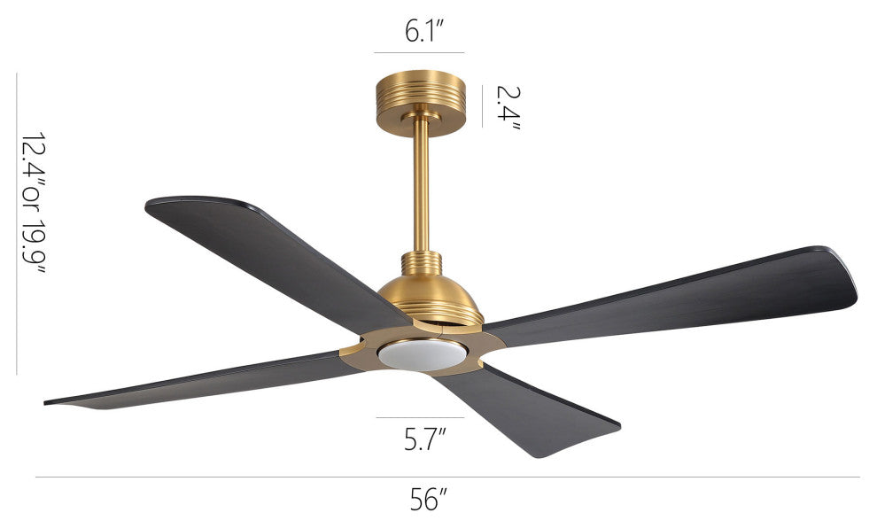 56" 4-Blade Solid Wood Ceiling Fan With LED Light and Remote Control, Gold/Black
