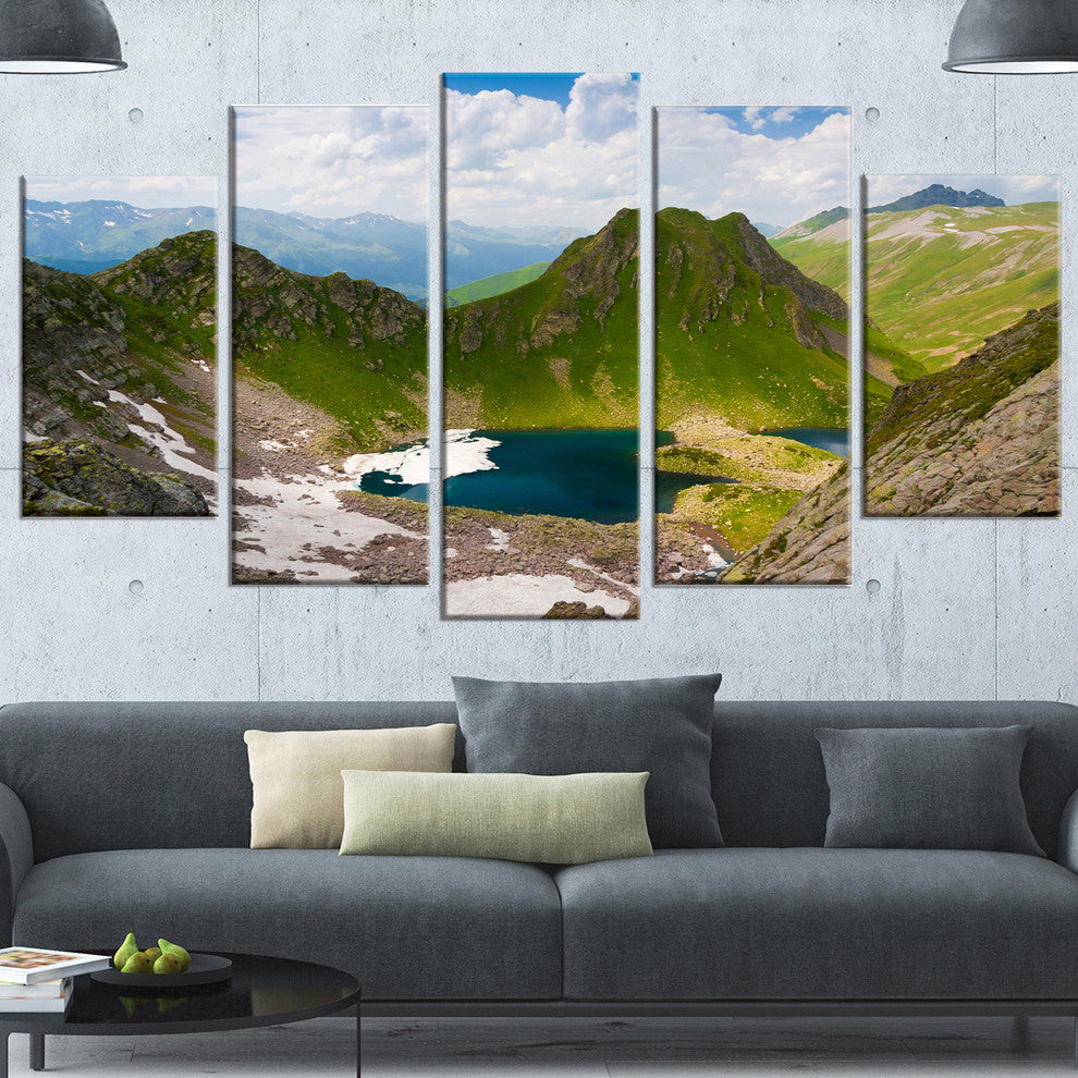 Mountain Lake View on Bright Day, Large Landscape Canvas Art, 60"x32", 5 Panels
