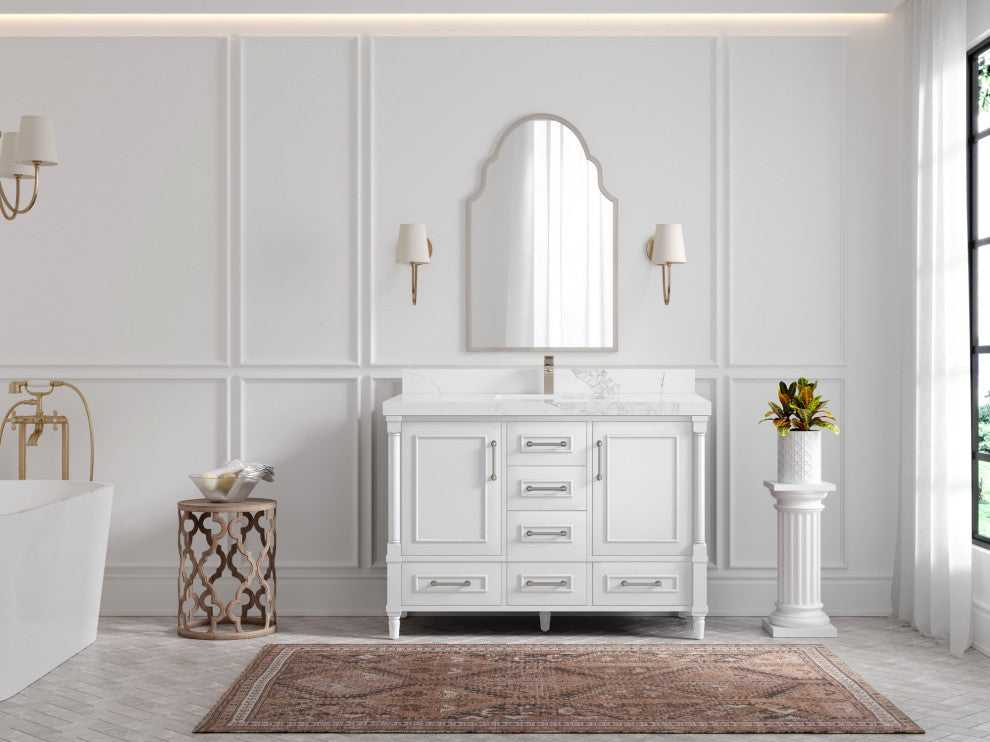Aberdeen 48 Single Sink Bath Vanity in White 2" Calacatta Nuvo