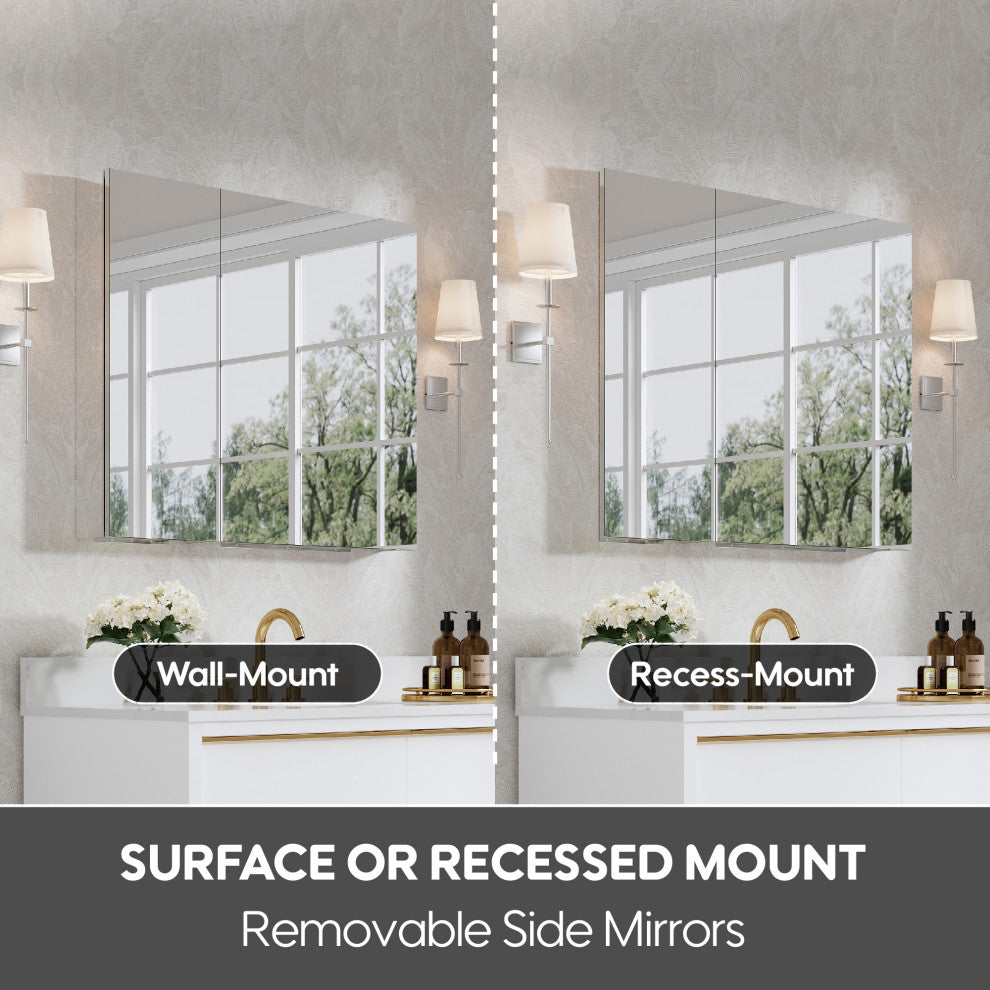 Recessed/Surface Mount Bathroom Medicine Cabinet, Reverse Installation, 36"x30"