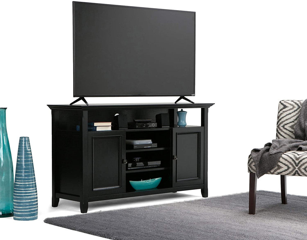 Transitional Black TV Stand, Open Shelves & Side Cabinets With Doors