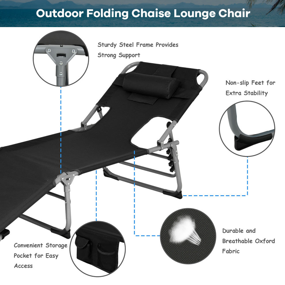 Goplus Outdoor Beach Lounge Chair Folding Chaise Lounge with Pillow Black