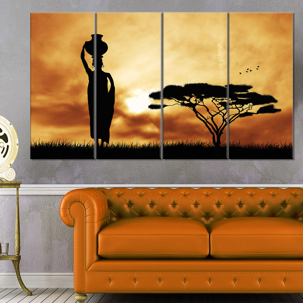 African Woman and Lonely Tree, African Landscape Canvas Print, 48"x28", 4 Panels