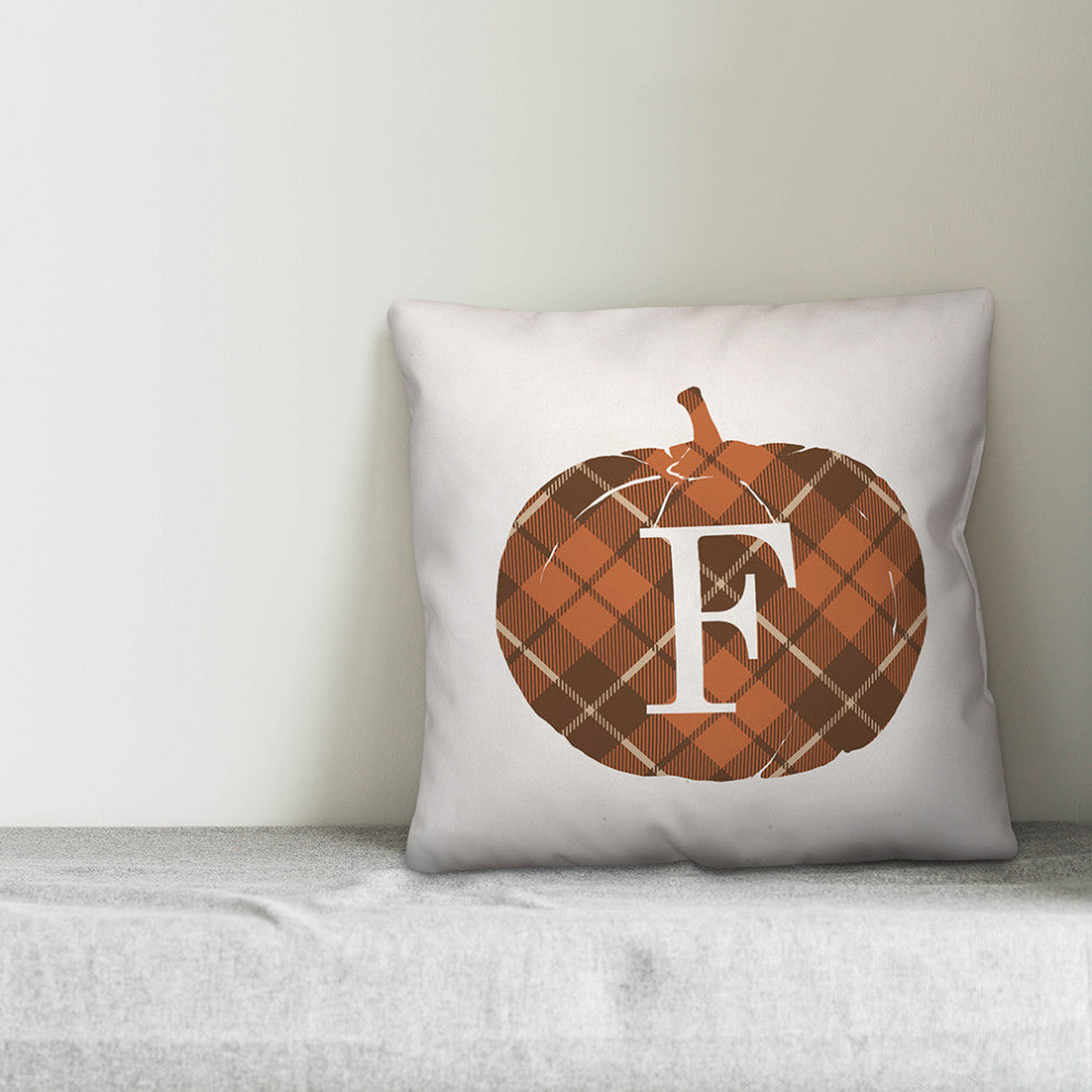 Plaid Pumpkin Monogram F 18x18 Spun Poly Pillow
