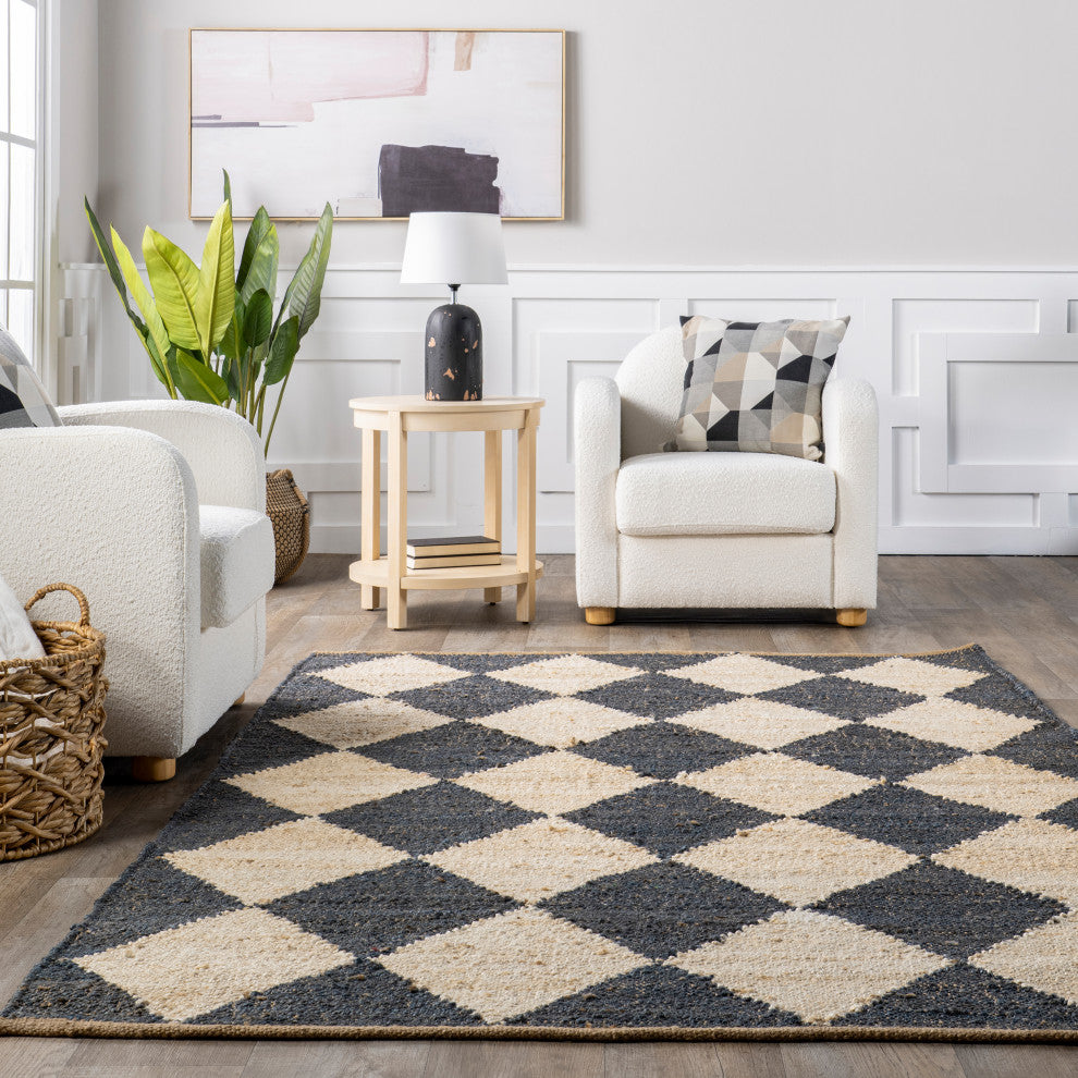 Louie Diamond Checkerboard Jute Area Rug, Charcoal 8'x10'