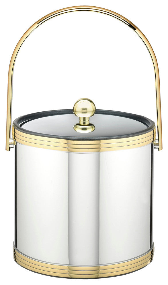 Kraftware Mylar Brushed Brass Ice Bucket with Metal Lid, 3 qt., Polished Chrome