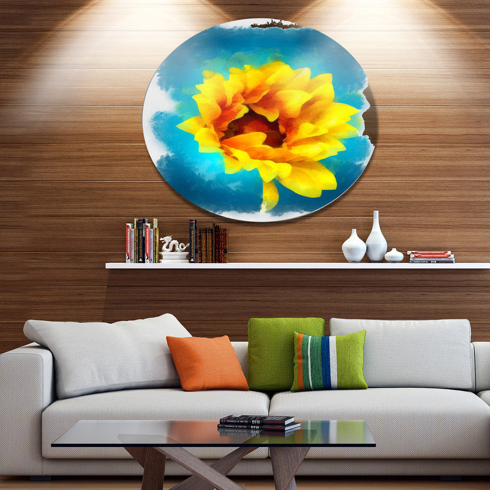 Sunflower On Blue Watercolor, Modern Floral Disc Metal Wall Art, 11"