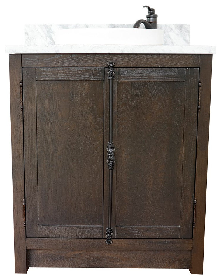30" Single Vanity, Brown Ash, White Carrara Top, Round Sink