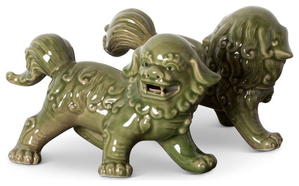 Green Porcelain Standing Chinese Foo Dog Set