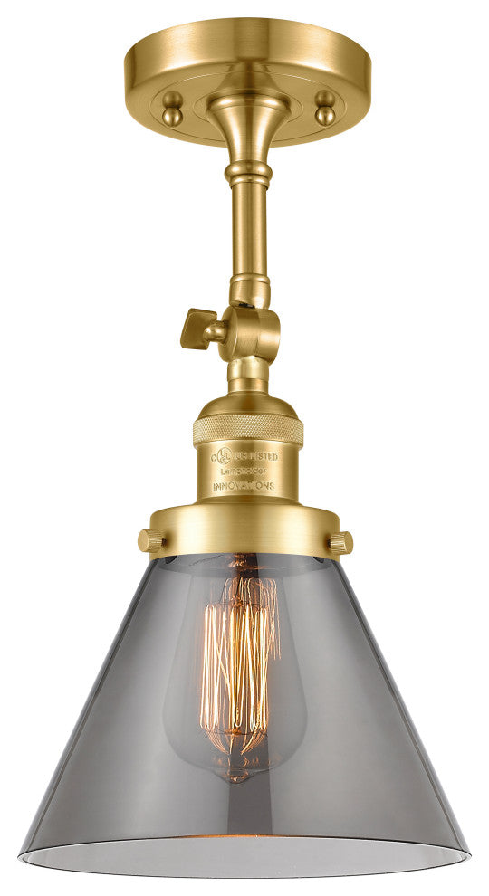 Large Cone 1 Light Semi-Flush Mount, Satin Gold, Plated Smoke