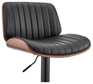 Brock Adjustable Black Faux Leather and Walnut Wood Bar Stool With Black Base