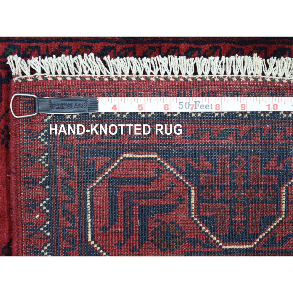 Deep And Saturated Red, Hand Knotted Afghan Khamyab Wool Runner Rug, 2'7"x9'7"