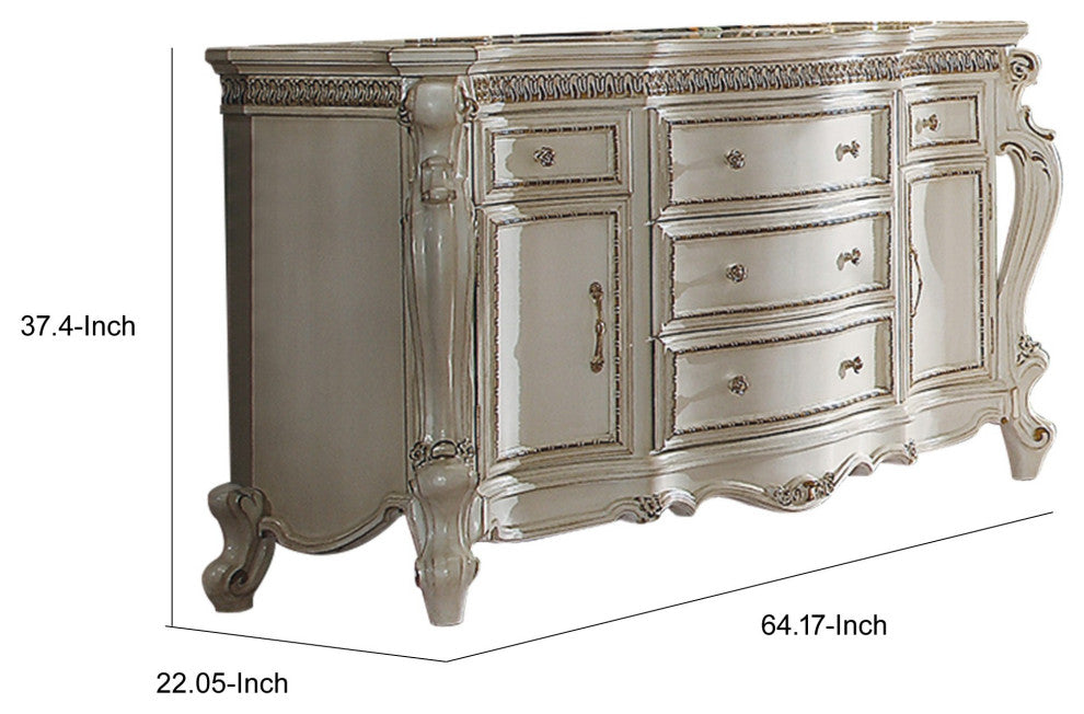 Benzara BM185475 5 Drawer & 2 Door Dresser, Carved Cabriole Legs, Antique Pearl