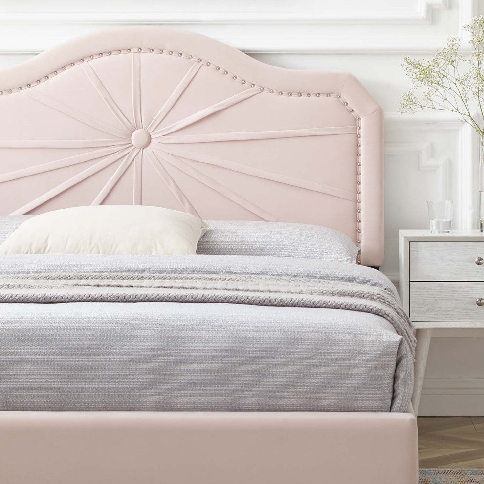 Platform Bed Frame, Full Size, Velvet, Pink, Modern Contemporary, Bedroom Master