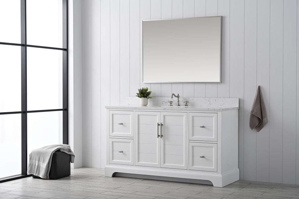 Vanity Art Bathroom Vanity With Sink & Top, White, 60", Engineered Marble