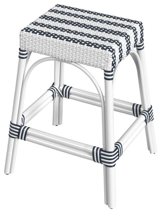 Robias Rectangular Rattan 24.5" Counter Stool, Navy Stripe (White Frame)