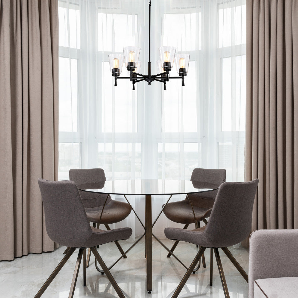 6-Light Matte Black Modern Chandelier With Clear Cone Glass Shades