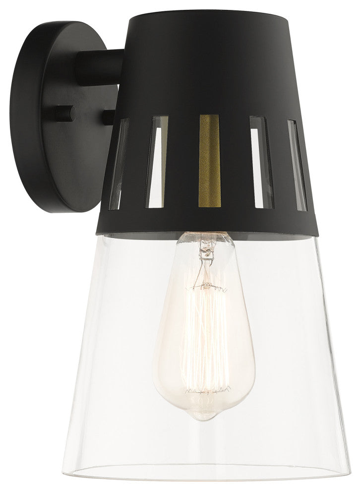 Covington 1-Light Black Outdoor Medium Wall Lantern, Soft Gold Accents