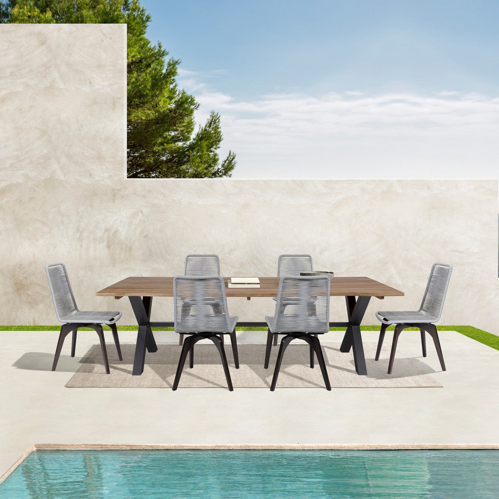 Glendora Island Outdoor Live Edge Dining Set Wood Silver Rope, 7-Piece Set