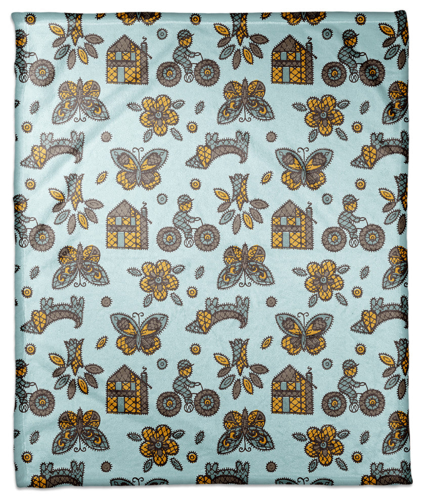 Kids Whimsical Folk Pattern in Blue Fleece Blanket