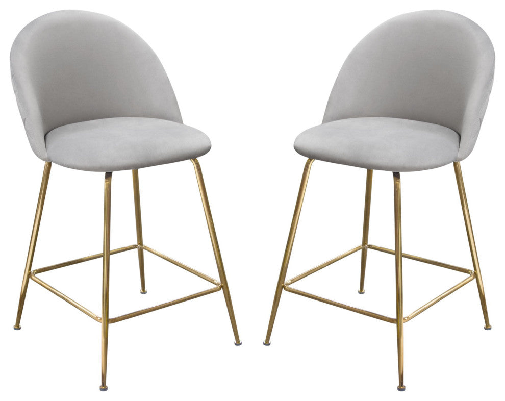 Lilly 2 Counter Height Chairs With Gold Metal Legs, Gray Velvet