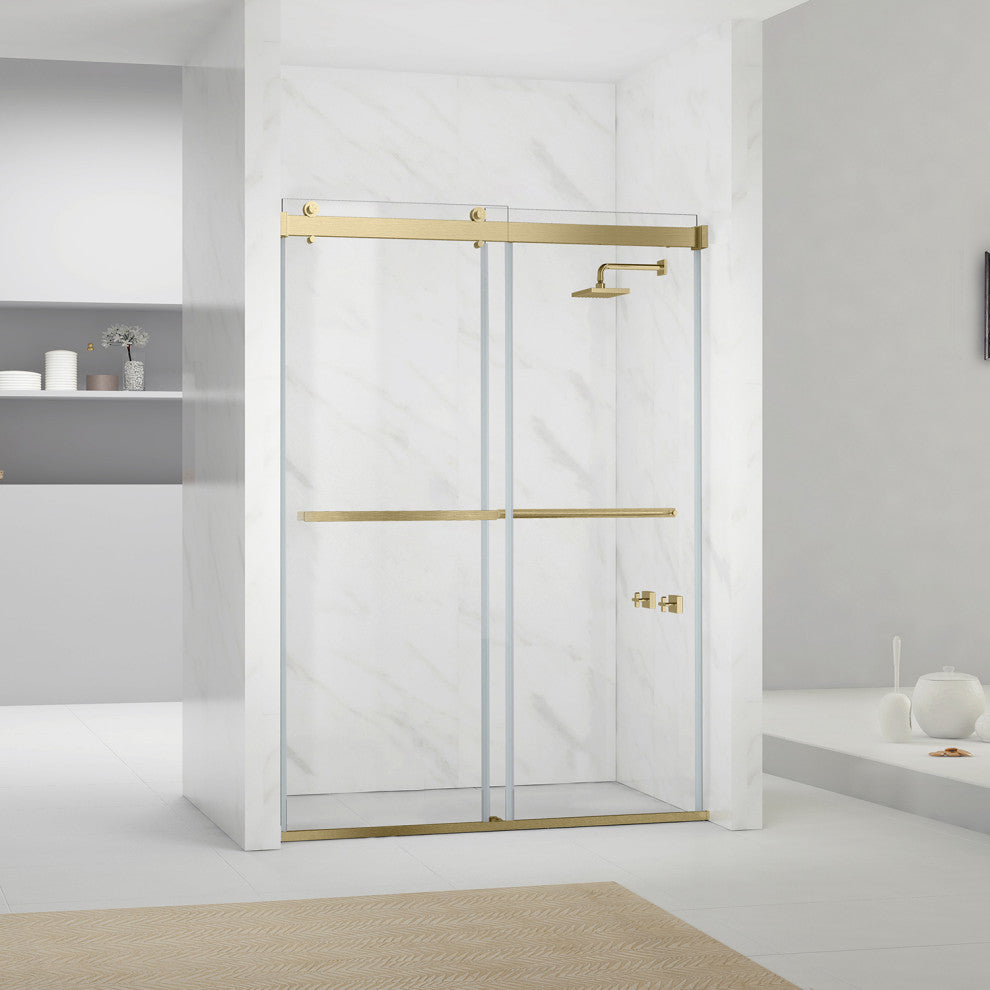 Spezia Double Sliding Frameless Shower Door, Brushed Gold, 64" W X 76" H