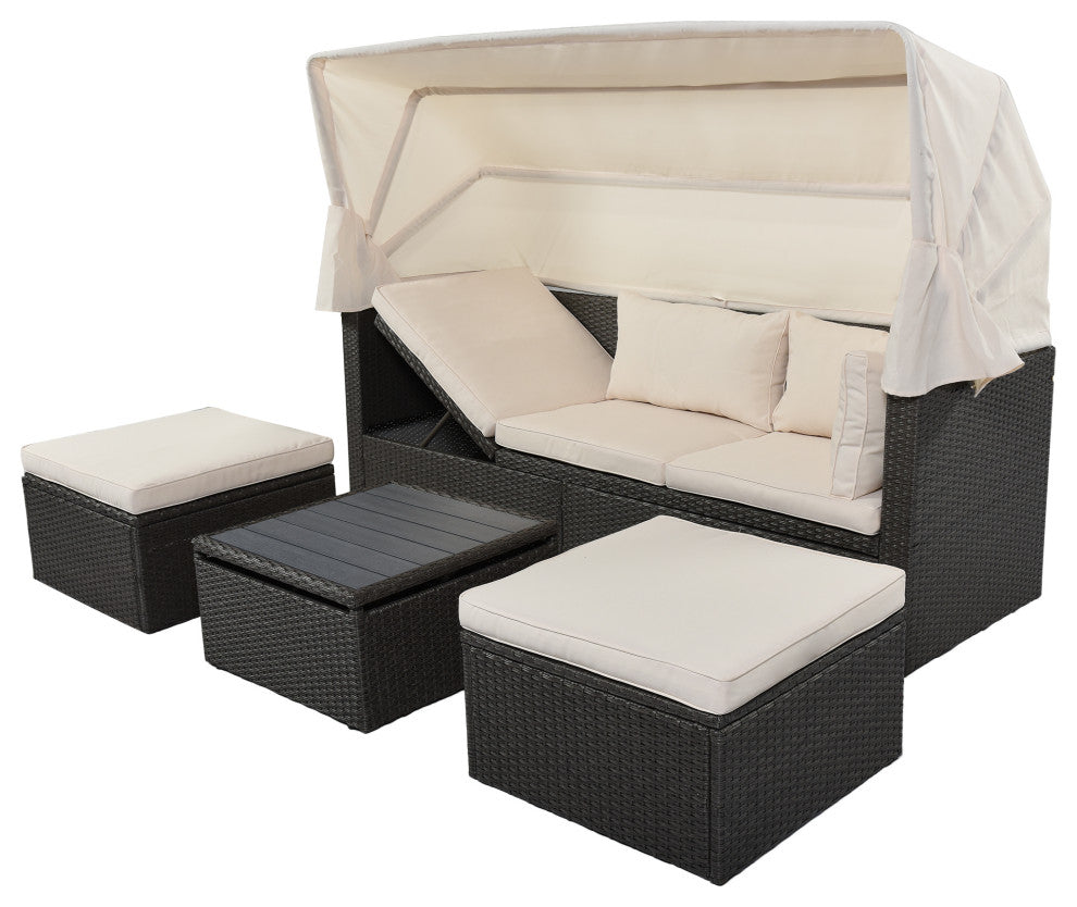 4-Piece Outdoor Wicker Sectional Patio Daybed with Canopy and Ottoman, Black Bei