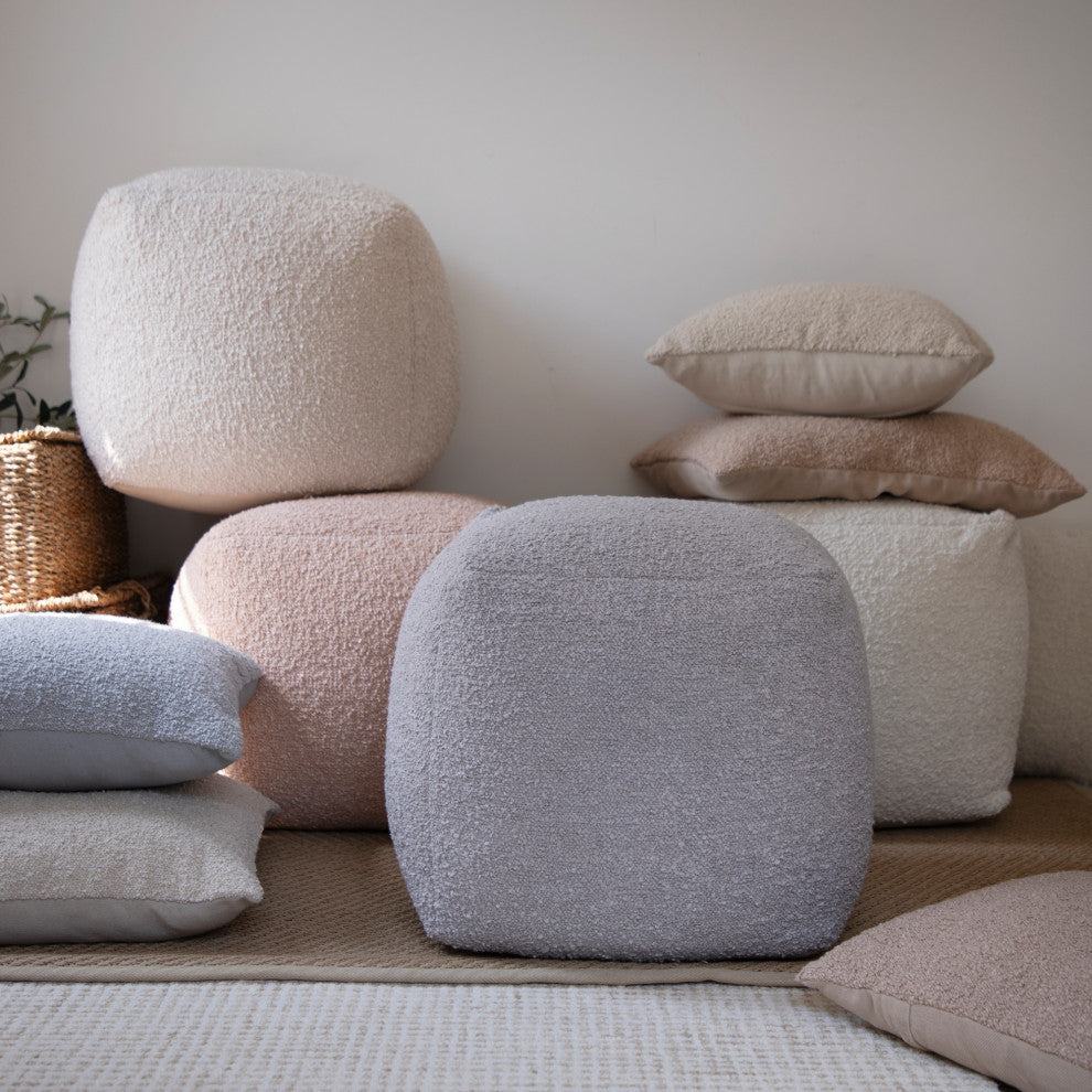 Twill Beige Transitional Solid Handmade Polyester Square Pouf,  18"x18"x18"